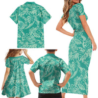 Tahiti Teal Tiare Floral Family Matching Short Sleeve Bodycon Dress and Hawaiian Shirt Monstera Palm Tropical Leaves LT01 - Polynesian Pride