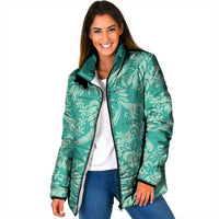Tahiti Teal Tiare Floral Padded Jacket Monstera Palm Tropical Leaves - Polynesian Pride