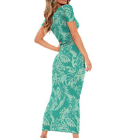 Tahiti Teal Tiare Floral Short Sleeve Bodycon Dress Monstera Palm Tropical Leaves - Polynesian Pride