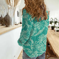 Tahiti Teal Tiare Floral Women Casual Shirt Monstera Palm Tropical Leaves - Polynesian Pride