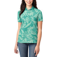 Tahiti Teal Tiare Floral Women Polo Shirt Monstera Palm Tropical Leaves - Polynesian Pride