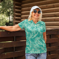 Tahiti Teal Tiare Floral Women Polo Shirt Monstera Palm Tropical Leaves - Polynesian Pride