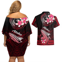 Hawaii Couples Matching Off Shoulder Short Dress and Hawaiian Shirt Polynesian Shark with Kakau Red Version LT01 - Polynesian Pride
