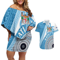 Custom Fiji Rugby Bati Couples Matching Off Shoulder Short Dress and Hawaiian Shirt Tapa Pattern LT01 Blue - Polynesian Pride