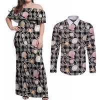 Hawaiian Ocean Seashells Couples Matching Off Shoulder Maxi Dress and Long Sleeve Button Shirt Black Palaka Pattern