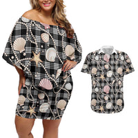 Hawaiian Ocean Seashells Couples Matching Off Shoulder Short Dress and Hawaiian Shirt Black Palaka Pattern