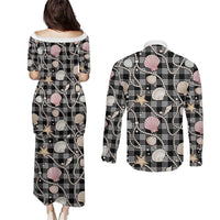Hawaiian Ocean Seashells Couples Matching Puletasi and Long Sleeve Button Shirt Black Palaka Pattern