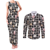 Hawaiian Ocean Seashells Couples Matching Tank Maxi Dress and Long Sleeve Button Shirt Black Palaka Pattern