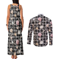 Hawaiian Ocean Seashells Couples Matching Tank Maxi Dress and Long Sleeve Button Shirt Black Palaka Pattern