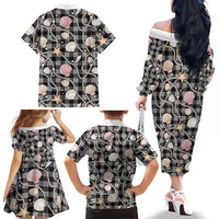 Hawaiian Ocean Seashells Family Matching Off The Shoulder Long Sleeve Dress and Hawaiian Shirt Black Palaka Pattern LT01 - Polynesian Pride