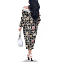 Hawaiian Ocean Seashells Family Matching Off The Shoulder Long Sleeve Dress and Hawaiian Shirt Black Palaka Pattern LT01 - Polynesian Pride