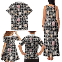 Hawaiian Ocean Seashells Family Matching Tank Maxi Dress and Hawaiian Shirt Black Palaka Pattern