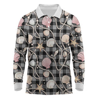 Hawaiian Ocean Seashells Long Sleeve Polo Shirt Black Palaka Pattern