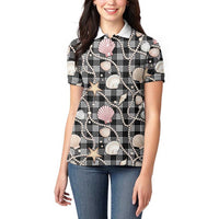 Hawaiian Ocean Seashells Women Polo Shirt Black Palaka Pattern