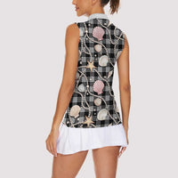 Hawaiian Ocean Seashells Women Sleeveless Polo Shirt Black Palaka Pattern
