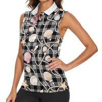 Hawaiian Ocean Seashells Women Sleeveless Polo Shirt Black Palaka Pattern