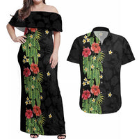Hawaiian Hibiscus Plumeria Couples Matching Off Shoulder Maxi Dress and Hawaiian Shirt Tropical Leaves