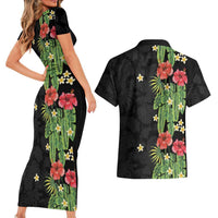 Hawaiian Hibiscus Plumeria Couples Matching Short Sleeve Bodycon Dress and Hawaiian Shirt Tropical Leaves LT01 - Polynesian Pride