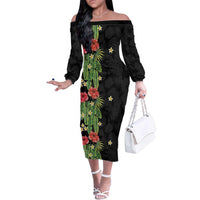 Hawaiian Hibiscus Plumeria Family Matching Off The Shoulder Long Sleeve Dress and Hawaiian Shirt Tropical Leaves LT01 Mom's Dress Black - Polynesian Pride