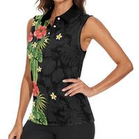 Hawaiian Hibiscus Plumeria Women Sleeveless Polo Shirt Tropical Leaves