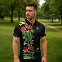 Hawaiian Hibiscus Plumeria Zipper Polo Shirt Tropical Leaves