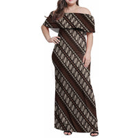 Yogyakarta Parang Batik Motifs Family Matching Off Shoulder Maxi Dress and Hawaiian Shirt Indonesian Traditional Pattern LT01 Mom's Dress Brown - Polynesian Pride