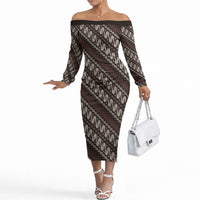 Yogyakarta Parang Batik Motifs Off The Shoulder Long Sleeve Dress Indonesian Traditional Pattern LT01 Women Brown - Polynesian Pride