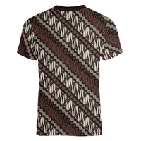 Yogyakarta Parang Batik Motifs Women V-Neck T-Shirt Indonesian Traditional Pattern