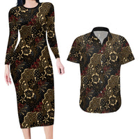 Batik Sekar Jagad Couples Matching Long Sleeve Bodycon Dress and Hawaiian Shirt Indonesian Traditional Pattern LT01 Black - Polynesian Pride