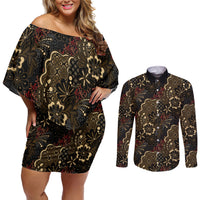 Batik Sekar Jagad Couples Matching Off Shoulder Short Dress and Long Sleeve Button Shirt Indonesian Traditional Pattern LT01 Black - Polynesian Pride