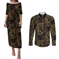 Batik Sekar Jagad Couples Matching Puletasi and Long Sleeve Button Shirt Indonesian Traditional Pattern LT01 Black - Polynesian Pride