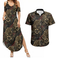 Batik Sekar Jagad Couples Matching Summer Maxi Dress and Hawaiian Shirt Indonesian Traditional Pattern LT01 Black - Polynesian Pride