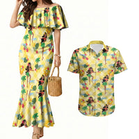 Hawaii Hula Girl Tropical Couples Matching Mermaid Dress and Hawaiian Shirt Yellow Palaka