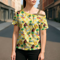 Hawaii Hula Girl Tropical Cross Shoulder Shirt Yellow Palaka