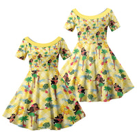 Hawaii Hula Girl Tropical Family Matching Off Shoulder Short Dress and Hawaiian Shirt Yellow Palaka