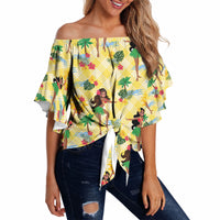 Hawaii Hula Girl Tropical Off Shoulder Wrap Waist Top Yellow Palaka LT01 - Polynesian Pride