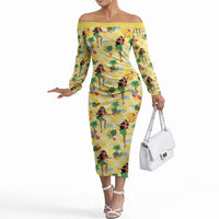 Hawaii Hula Girl Tropical Off The Shoulder Long Sleeve Dress Yellow Palaka