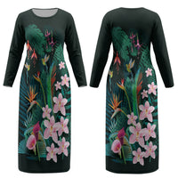 Hawaii Hummingbird Tropical Flowers Couples Matching Long Sleeve Bodycon Dress and Long Sleeve Button Shirt Dark Green