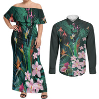 Hawaii Hummingbird Tropical Flowers Couples Matching Off Shoulder Maxi Dress and Long Sleeve Button Shirt Dark Green