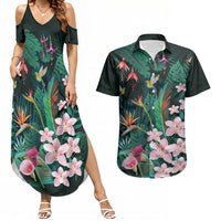 Hawaii Hummingbird Tropical Flowers Couples Matching Summer Maxi Dress and Hawaiian Shirt Dark Green