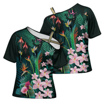 Hawaii Hummingbird Tropical Flowers Cross Shoulder Shirt Dark Green