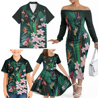 Hawaii Hummingbird Tropical Flowers Family Matching Off The Shoulder Long Sleeve Dress and Hawaiian Shirt Dark Green