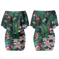 Hawaii Hummingbird Tropical Flowers Family Matching Off Shoulder Short Dress and Hawaiian Shirt Dark Green