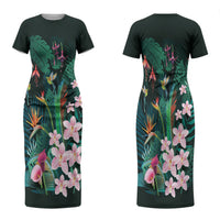Hawaii Hummingbird Tropical Flowers Family Matching Short Sleeve Bodycon Dress and Hawaiian Shirt Dark Green