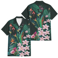 Hawaii Hummingbird Tropical Flowers Family Matching Tank Maxi Dress and Hawaiian Shirt Dark Green