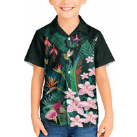Hawaii Hummingbird Tropical Flowers Kid Hawaiian Shirt Dark Green