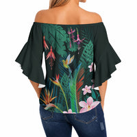 Hawaii Hummingbird Tropical Flowers Off Shoulder Wrap Waist Top Dark Green LT01 - Polynesian Pride
