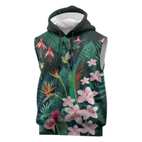 Hawaii Hummingbird Tropical Flowers Sleeveless Hoodie Dark Green