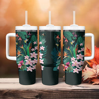 Hawaii Hummingbird Tropical Flowers Tumbler With Handle Dark Green
