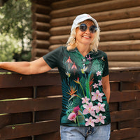 Hawaii Hummingbird Tropical Flowers Women Polo Shirt Dark Green